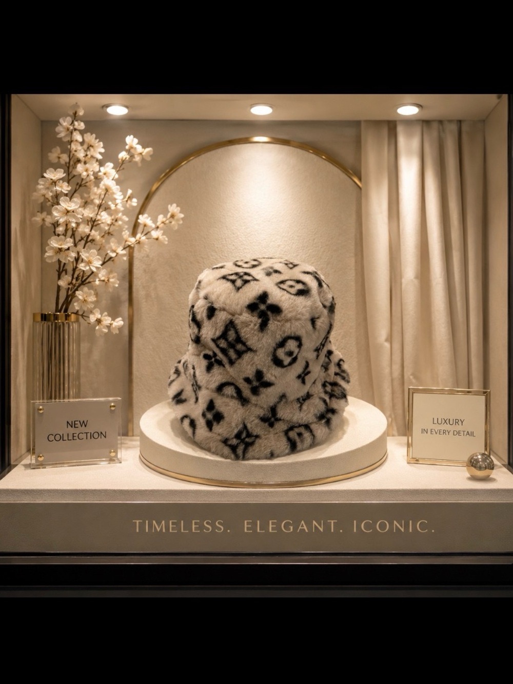 Source Unknown Faux Fur Bucket Hat in Beige and Black Monogram